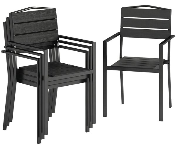 Outsunny zahradní židle – sada 4 stohovatelných křesel s latěným designem a područkami, odolné vůči počasí, černé, 52 × 51 × 90 cm | Aosom