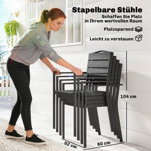 Outsunny zahradní židle – sada 4 stohovatelných křesel s latěným designem a područkami, odolné vůči počasí, černé, 52 × 51 × 90 cm | Aosom