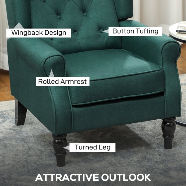 HOMCOM křeslo Wingback s područkami, prošité vysoké opěradlo a polštář, nohy z eukalyptu — tmavě zelené | Aosom