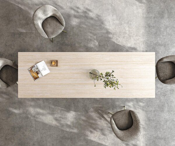 DELIFE Jídelní stůl Edge 200-300x100 keramika Laminam® Travertino Bianco krémová bílá W-podnož titanová barva rozkládací