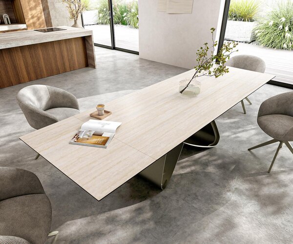 DELIFE Jídelní stůl Edge 200-300x100 keramika Laminam® Travertino Bianco krémová bílá W-podnož titanová barva rozkládací