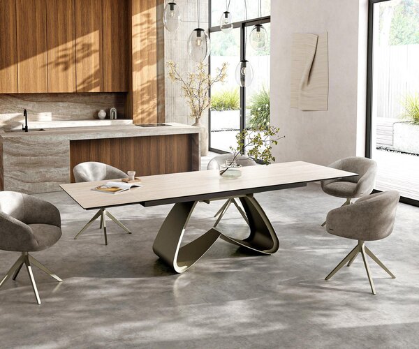 DELIFE Jídelní stůl Edge 200-300x100 keramika Laminam® Travertino Bianco krémová bílá W-podnož titanová barva rozkládací