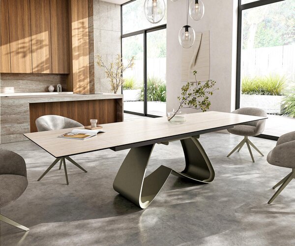 DELIFE Jídelní stůl Edge 200-300x100 keramika Laminam® Travertino Bianco krémová bílá W-podnož titanová barva rozkládací