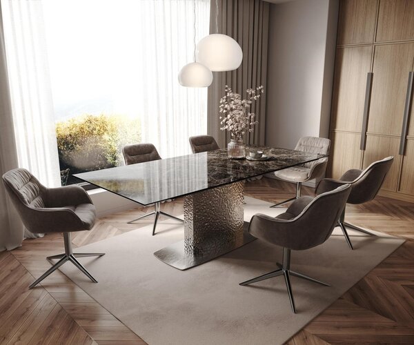 DELIFE Jídelní stůl Edge 180-220x100 keramika Laminam® Emperador Extra Lucidato tmavě hnědá Wave nerezová ocel rozkládací