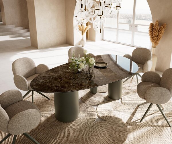 DELIFE Jídelní stůl Edge oválný 220x120 keramika Laminam® Emperador Extra Lucidato tmavě hnědá Troa kov titanová barva