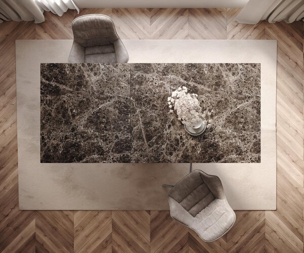 DELIFE Jídelní stůl Edge 180-220x100 keramika Laminam® Emperador Extra Lucidato tmavě hnědá Wave nerezová ocel rozkládací