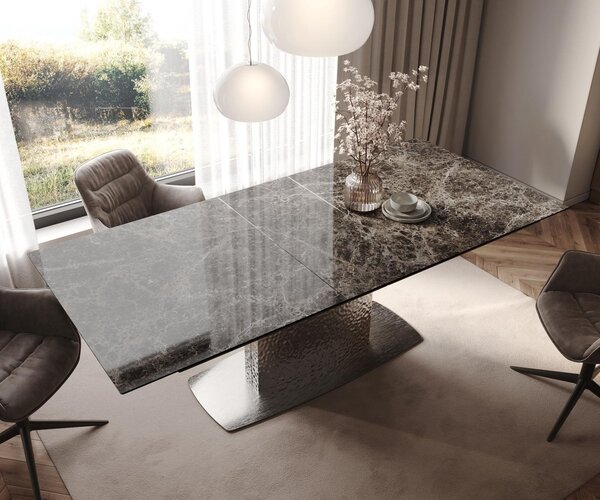 DELIFE Jídelní stůl Edge 180-220x100 keramika Laminam® Emperador Extra Lucidato tmavě hnědá Wave nerezová ocel rozkládací