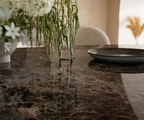 DELIFE Jídelní stůl Edge oválný 220x120 keramika Laminam® Emperador Extra Lucidato tmavě hnědá Troa kov titanová barva