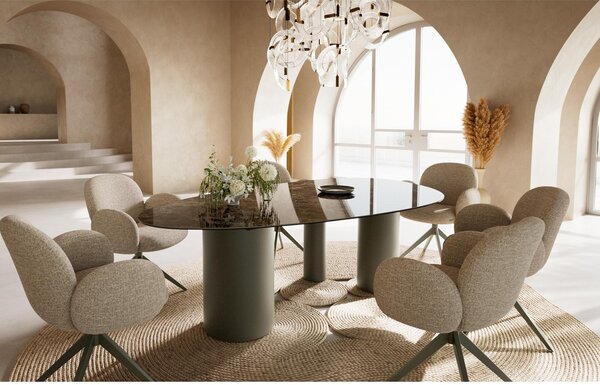 DELIFE Jídelní stůl Edge oválný 220x120 keramika Laminam® Emperador Extra Lucidato tmavě hnědá Troa kov titanová barva