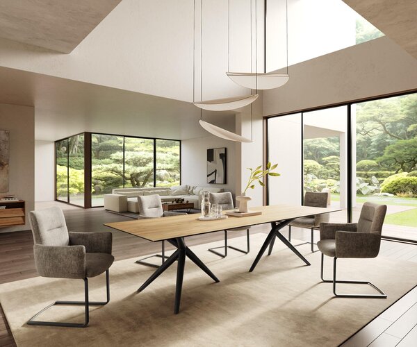 DELIFE Jídelní stůl Edge 300x100 keramika Laminam® Sabbia dubová Estelar kulatý kov černý