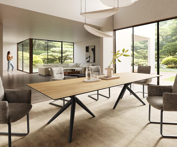DELIFE Jídelní stůl Edge 300x100 keramika Laminam® Sabbia dubová Estelar kulatý kov černý