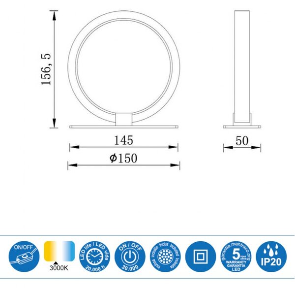 Mantra 7195 Kitesurf, bílá kruhová stolní lampa, 8W LED 3000K, průměr 15cm