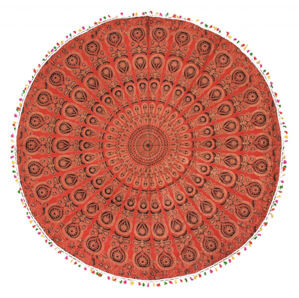 Bavlněný kulatý přehoz/ubrus s mandalou, červený, 180cm