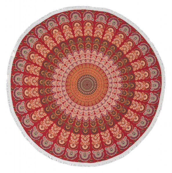Bavlněný kulatý přehoz/ubrus s mandalou, červený, 180cm (9J)
