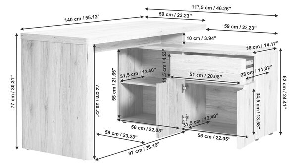 PSACÍ STŮL S ÚLOŽNÝM PROSTOREM, bílá, barvy dubu, 140/77/117,5 cm Venda - Rohové psací stoly