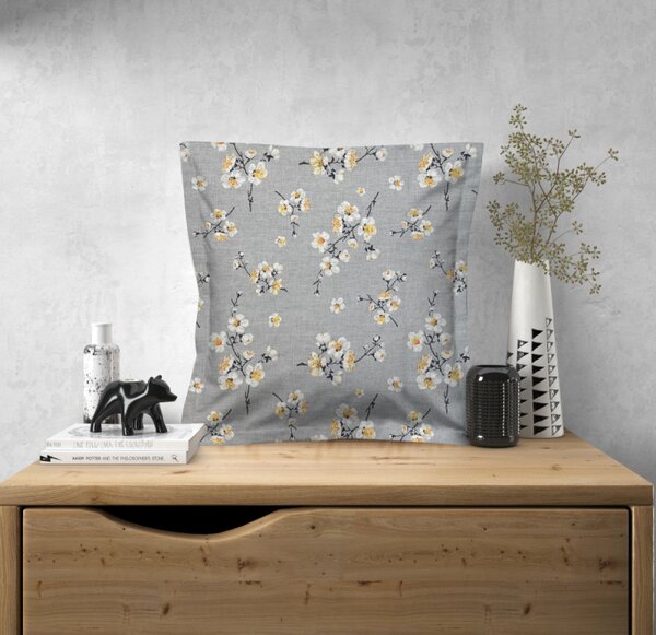 Ervi povlak na polštář bavlněný s lemem - Třešňový květ na šedém