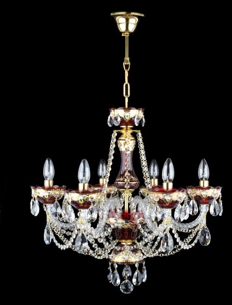 DBK GLASS Šestiramenný křišťálový rubínový lustr zdobený vysokým smaltem – skleněné květy na zlatém pozadí 0639-6-SM