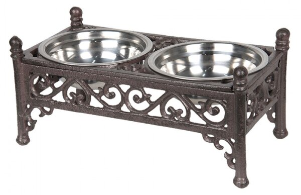 Dvojitá miska pro psy a kočky s hnědým kovovým podstavcem se srdíčky – 28x15x13 cm