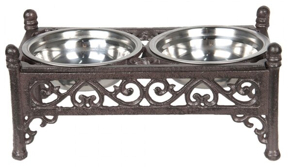 Dvojitá miska pro psy a kočky s hnědým kovovým podstavcem se srdíčky – 28x15x13 cm