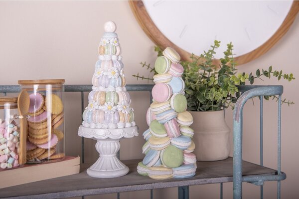 Dekorace ve tvaru barevné makronkové věže s bílým podstavcem – 12x30 cm