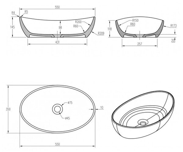 Umyvadlo na desku PB2004B - minerální odlitek - 55 x 35 x 14,5 cm - černá matná