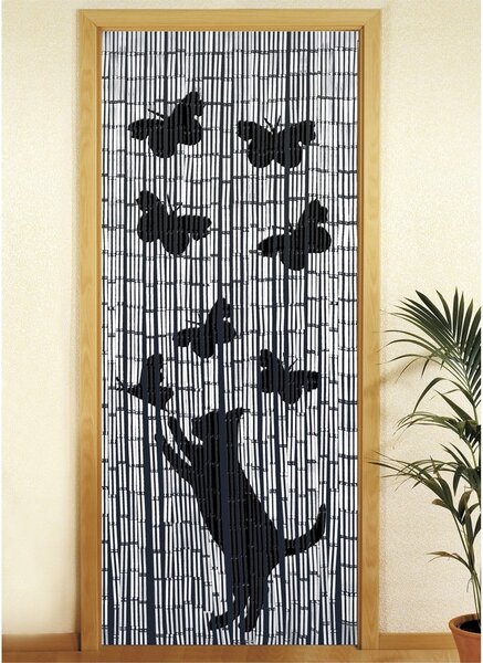 Černo-šedý bambusový závěs do dveří 200x90 cm Cat and Butterfly - Maximex