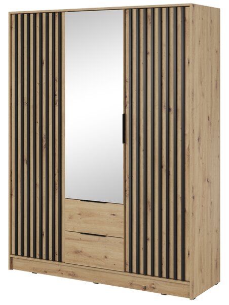 PIASKI SKŘÍNĚ Šatní skříň - NELLY 3D se zrcadlem, dub artisan/matná černá