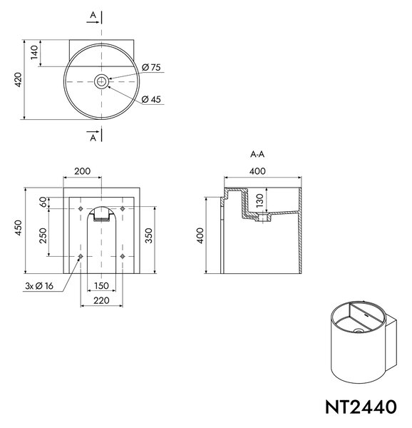 Nástěnné umyvadlo NT2440 - minerální odlitek