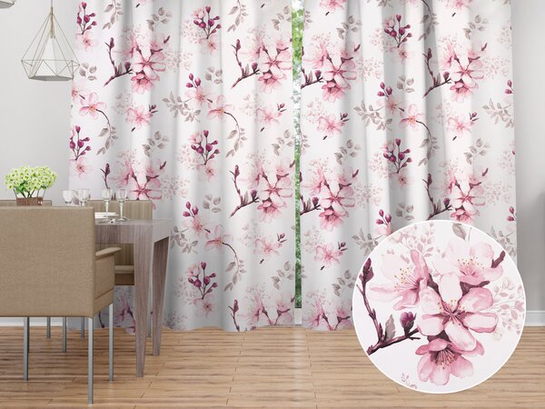 Biante Bavlněný závěs Sandra SA-583 Růžové květy s větvičkami na bílém 150x140 cm