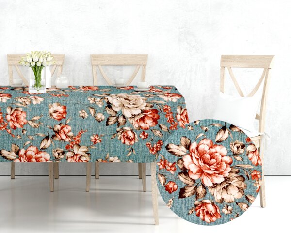 Ervi bavlněný ubrus na stůl čtvercový - květy na tyrkysovém