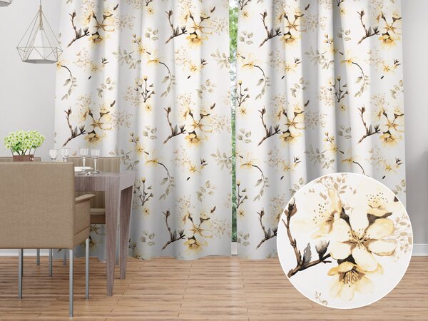 Biante Bavlněný závěs Sandra SA-582 Žluté květy s větvičkami na bílém 150x140 cm