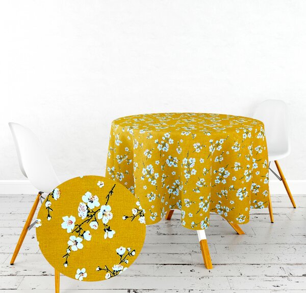 Ervi bavlněný ubrus na stůl kulatý - květiny na hořčici