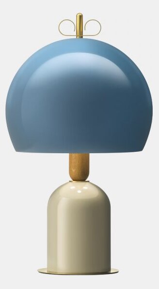 Il Fanale Bon Ton, stolní lampa z mosazi, dřeva, béžová základna, modré stínítko, 3x30W E14, výška 61,1cm
