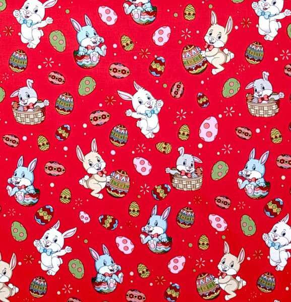 Ervi bavlna š.240 cm - Velikonoční zajíčci-červené vzor 25359-7, metráž