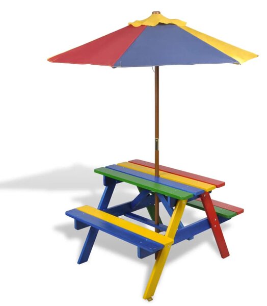 Dětský piknikový stůl - lavičky a slunečník | vícebarevný dřevo