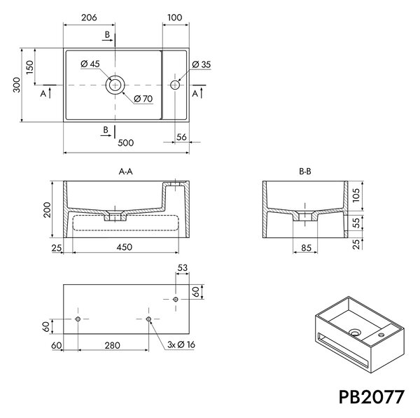Nástěnné umyvadlo PB2077 - minerální odlitek - 50 x 30 x 20 cm - s držákem na ručníky - bílá matná