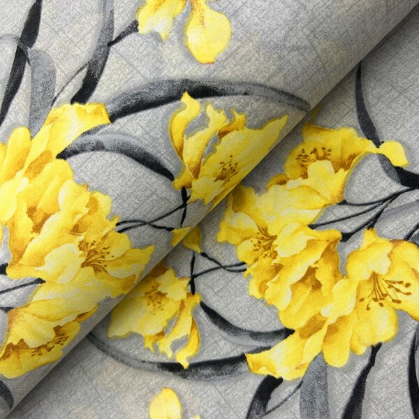 Ervi bavlna š.240cm - žluté květy na šedém - 117374, metráž