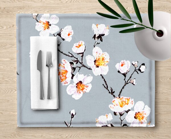 Ervi bavlněné prostírání na stůl - květ jabloně na šedém