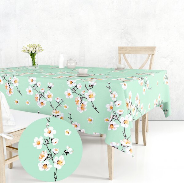 Ervi bavlněný ubrus na stůl obdélníkový - květ jabloně na zeleném