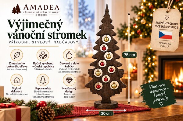 AMADEA Dekorace vánoční strom na podstavci s koulemi mořený 75 x 30 cm, český výrobek