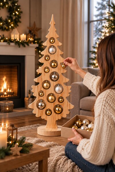 AMADEA Dekorace vánoční strom na podstavci s koulemi přírodní 100 x 40 cm, český výrobek