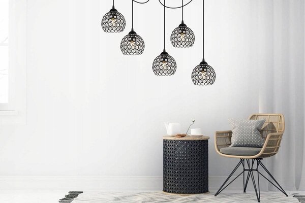 Závěsné svítidlo Crystal Spider, 5x černé křišťálové stínítko