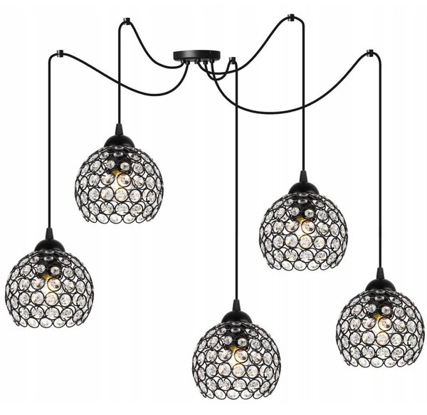 Závěsné svítidlo Crystal Spider, 5x černé křišťálové stínítko