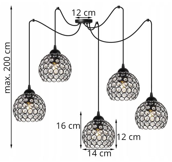 Závěsné svítidlo Crystal Spider, 5x černé křišťálové stínítko