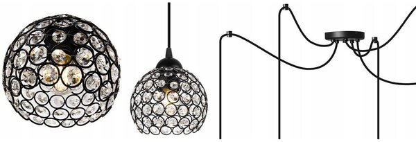 Závěsné svítidlo Crystal Spider, 5x černé křišťálové stínítko