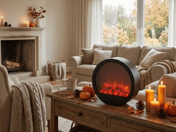 LED dekorace kulatý krb COZY WARM 35x34,5 cm, černý