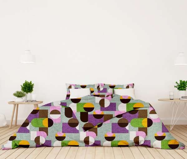 Ervi bavlněné KREPOVÉ povlečení - geometrické obrazce fialové/zelené