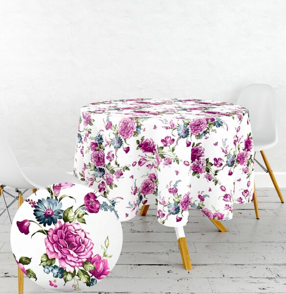 Ervi bavlněný ubrus na stůl kulatý - Fialové květy