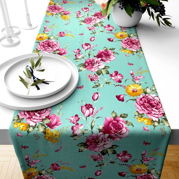 Ervi bavlněný běhoun na stůl - Růžové květy na tyrkysovém