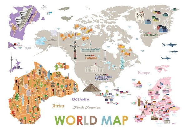 Dětská samolepka na zeď 120x150 cm Giant World Map – Ambiance